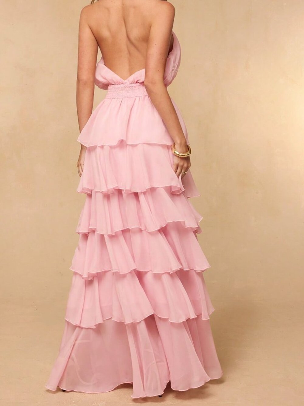 Pink Party Women's Multi-Layer Ruffle Neck Long Dress - Picture 2 of 6